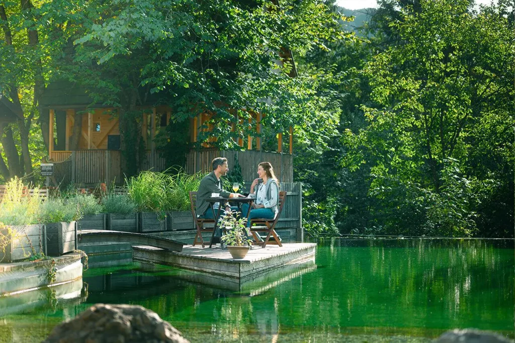 Garden village couple sitting outside